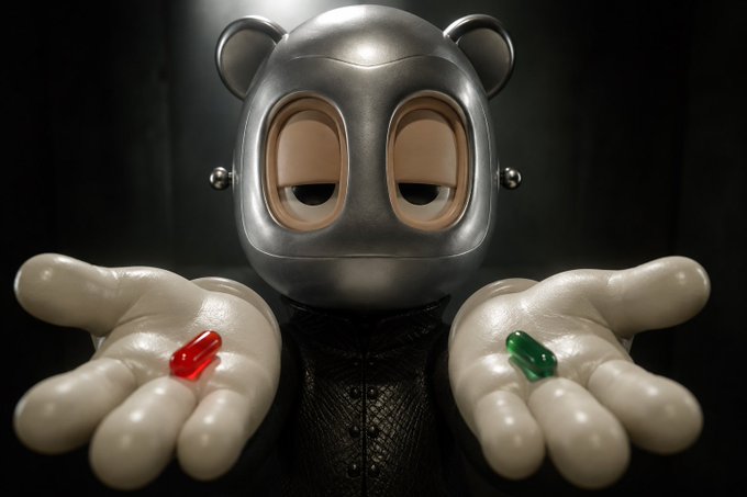 A 3D rendered figure with a metallic bear-like mask holds out two hands displaying a red pill in one palm and a green pill in the other, evoking 'The Matrix'.