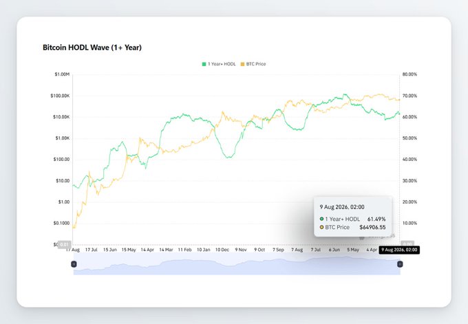 A Bitcoin HODL Wave chart displays the percentage of BTC supply unmoved for 1+ years (green line, ~61.49%) alongside BTC Price (orange line, $64,906.55) as of August 9, 2024, with the tool tip showing the 1 Year+ HODL value trending upward again after dipping in February.
