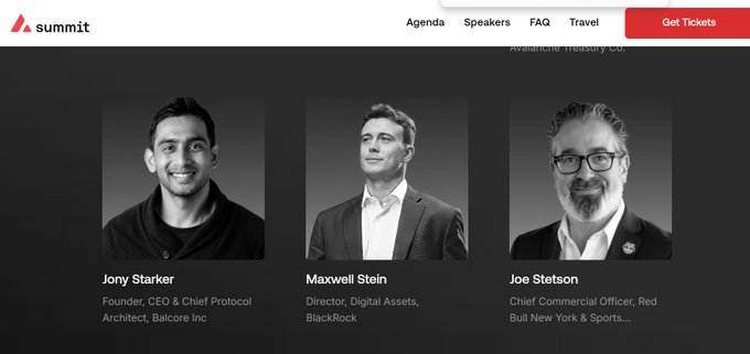 Summit conference website displaying speakers including Jony Starker (Founder/CEO of Balconor Inc), Maxwell Stein (Director, Digital Assets at BlackRock), and Joe Stetson (Chief Commercial Officer at Red Bull NY Sports).