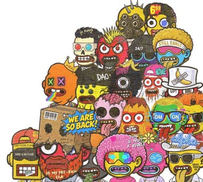 A colorful, chaotic illustration features a dense crowd of quirky, cartoonish characters, including one holding a "WE ARE SO BACK!" sign and another wearing a hat reading "STILL EARLY."