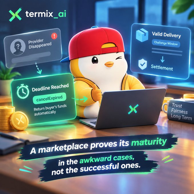 An advertisement for 'termix_ai' features a cartoon penguin mascot using a laptop, highlighting features like 'Provider Disappeared,' 'Deadline Reached,' and 'Valid Delivery,' with the tagline 'A marketplace proves its maturity in the awkward cases, not the successful ones.'