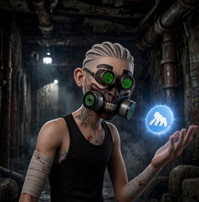A stylized digital artwork of a character with braided hair, a skull mask, and green glowing goggles, holding a glowing blue hologram featuring a gorilla figure in a dark industrial setting.