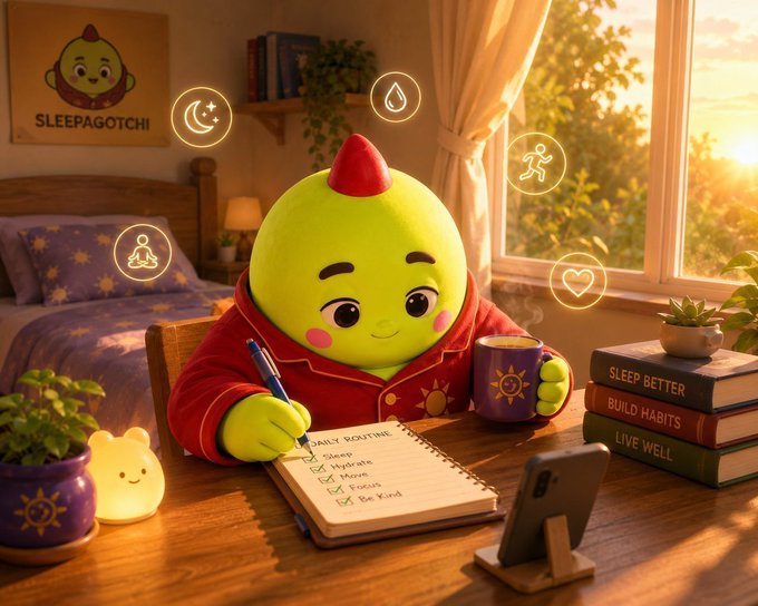 A digital illustration titled "SLEEPAGOTCHI" features a green character in red pajamas writing in a "DAILY ROUTINE" notebook while holding a mug, surrounded by icons for sleep, hydration, exercise, and meditation.