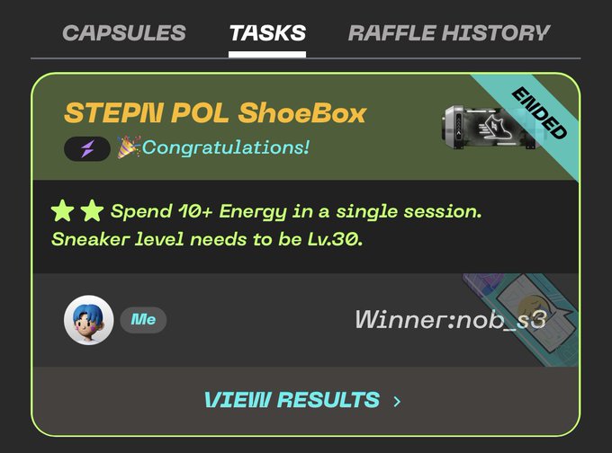 A STEPN app task completion screen showing 'STEPN POL ShoeBox' with 'Congratulations!' for spending 10+ Energy in a single session with sneaker level Lv.30, winner 'nob_s3'.