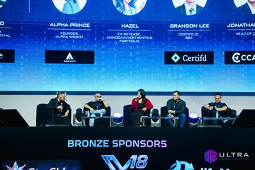 Five players seated on a stage during an esports event, with 'BRONZE SPONSORS', 'M8', and player names like 'ALPHA PRINCE', 'HAZEL', and 'BRANDON LEE' visible.