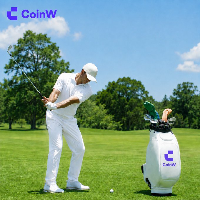 A golfer in white attire completes his swing on a sunny green, with a white golf bag beside him featuring the "CoinW" logo, while the "CoinW" brand name appears in the upper left corner—mirroring the post's message that precision matters both on the course and in trading.
