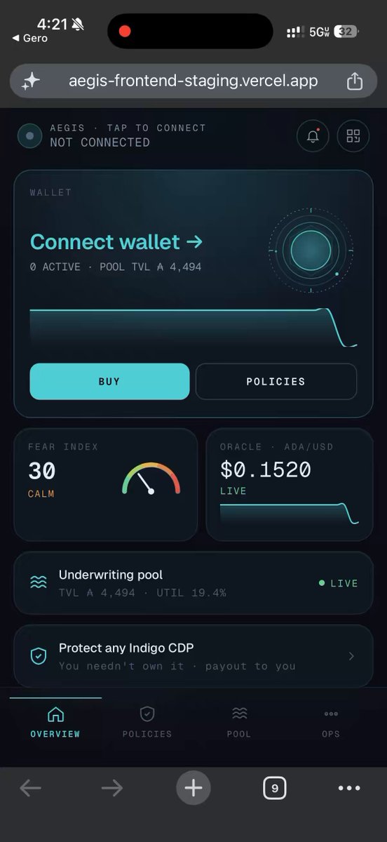The image shows a mobile phone screen displaying various information about a connection to a financial platform called "aegis dapp" or "agis wallet". The screen also provides details about the recent purchase of an insurance policy that covers a 20% drawdown of ADA over the next 30 days, with the cost of this policy not yet paid. Users can see how much money they have left to pay and explore different payment options for their insurance coverage.