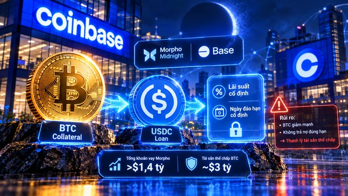 A Coinbase promotional graphic showing a BTC to USDC loan flow via Morpho Midnight on Base, with Vietnamese text highlighting fixed interest rates and loan terms.