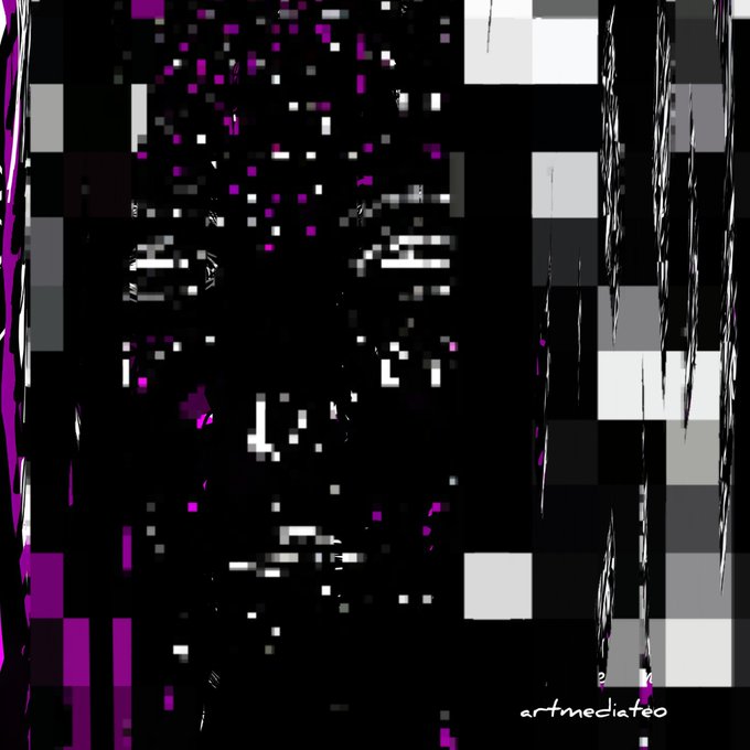 An abstract digital artwork featuring a pixelated face emerging from a black background with scattered magenta and white squares, with 'artmediatco' visible in the bottom right corner.