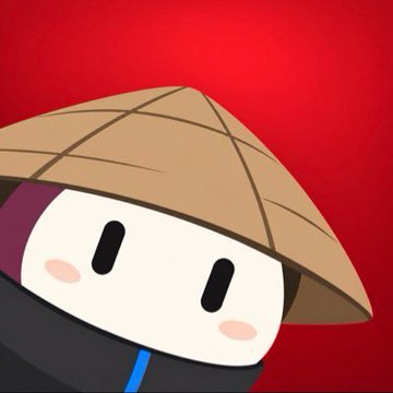 A minimalist illustration of a cute character with a round white face, rosy cheeks, and a traditional conical Asian hat against a solid red background.