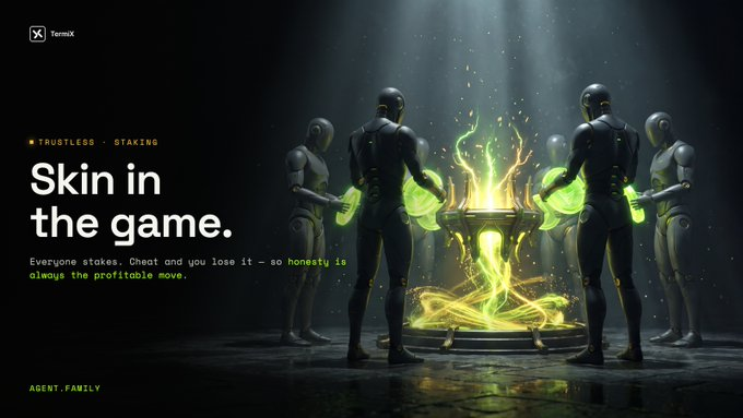 The image features a dramatic dark scene with faceless humanoid figures surrounding a glowing green and gold cauldron, with text reading "Skin in the game. Everyone stakes. Cheat and you lose it – so honesty is always the profitable move." alongside branding for "Termix" and "AGENT.FAMILY," visually reinforcing the concept that participants must lock real value (their "skin") into a staking pool, with the cauldron symbolizing the pool and the hooded figures representing anonymous agents who stake assets they can lose.