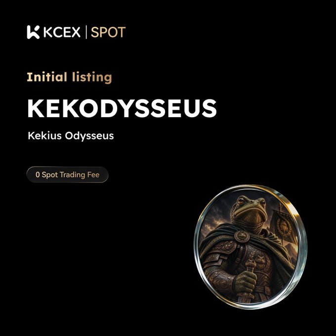 A KCEX SPOT exchange announcement for the initial listing of 'KEKODYSSEUS' (Kekius Odysseus) cryptocurrency with '0 Spot Trading Fee' promotion, featuring a coin with a frog warrior illustration.
