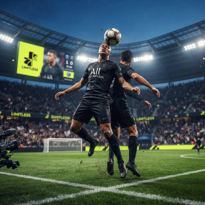 Soccer players in black uniforms with 'All' and 'LIMITLESS' logos jump to head a ball during a night match in a crowded stadium.