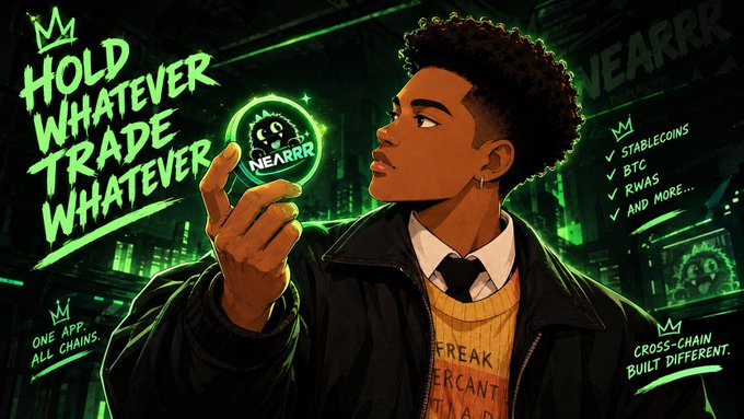 An illustration of a young man holding a green '$NEARRR' coin with text 'HOLD WHATEVER TRADE WHATEVER' and mentions of stablecoins, BTC, RWAs, and cross-chain functionality.