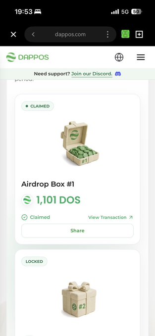 A mobile screenshot of the dappos.com website showing an 'Airdrop Box #1' that has been claimed, containing 1,101 DOS tokens, with a locked 'Box #2' visible below.