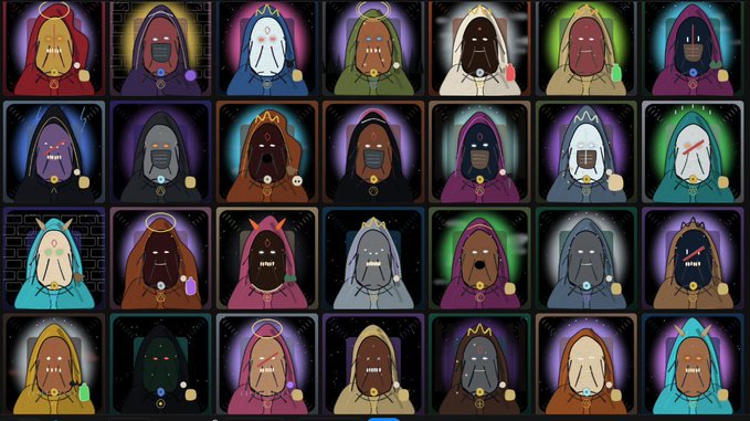 A grid of 28 NFT character portraits arranged in 4 rows of 7, depicting hooded figures with various colored hoods, glowing auras, halos, and 'SMART' labeled mouths, all with crosses or 'X' symbols over their eyes.