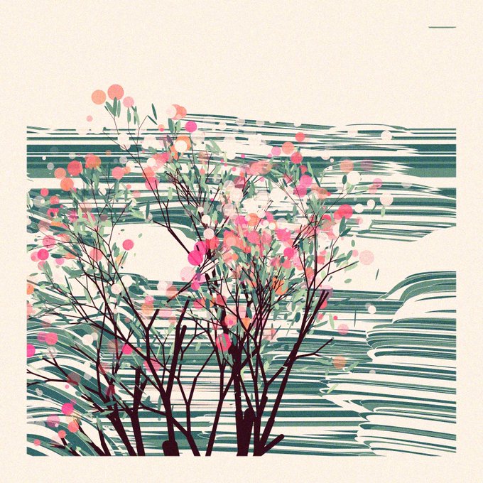 A digital illustration or risograph print depicting a delicate flowering bush with pink and orange blossoms set against a background of horizontal green and white wavy lines.