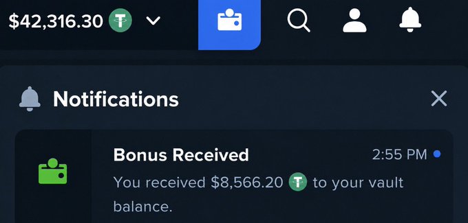 A notification shows a bonus of $8,566.20 T (Tether) received, bringing the total to $42,316.30. The user is hinting at a draw or giveaway, urging final entries through RT.