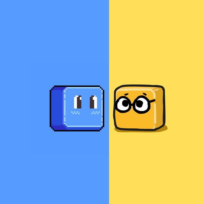 The image features two cartoon characters - a blue cube with eyes and a nose, and an orange cube with glasses. The blue cube has a pair of eyes and a nose, while the orange cube also has a pair of glasses. Both cubes are facing each other in a friendly manner. The background is yellow, which contrasts with the blue and orange colors of the characters. There is no text present in the image, but there is a caption that reads "my fren @bunya_eth has gifted me som wl spots for his @blupixapp mint! giving thes out to god hodlers in my X group chat soon. if yuor not in teh god squad group yet, let me kno!".