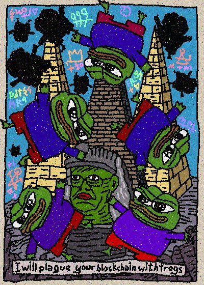 The image features a cartoon of five green frogs with purple faces, standing together against a blue sky backdrop. The text "I will plaster your blockchain with Frogs" is written above them.