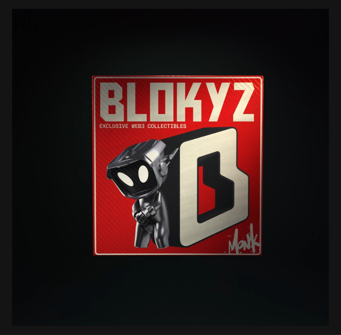 A red square pin features "BLOKYZ" branding with "EXCLUSIVE WEBS COLLECTIBLES" text, showing a small black robotic character leaning against a stylized letter "B" logo, with "Blok" signature in the corner—representing a single collectible piece, as the post wonders how it would feel to own 50 of these Blokyz collectibles.