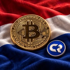 A gold Bitcoin token and a blue Circle/Eurocoin token rest on a red, white, and blue fabric.