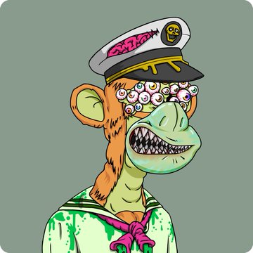 The image shows a mutant ape character with multiple eyes, a sailor-style hat featuring the "BAYC" logo and a skull, and a green-stained sailor shirt with a pink neckerchief. This visually represents the "Mutant Ape #13994" referenced in the caption, depicting the Bored Ape Yacht Club NFT transformed after drinking the M1 serum on OpenSea's flagship collection.