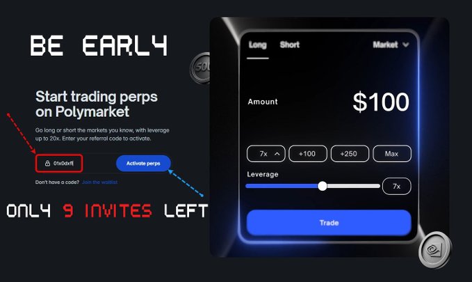 Promotional graphic for Polymarket Perps early access, showing a referral code "01x0dxfl" and "ONLY 9 INVITES LEFT" alongside a trading interface preview with $100 amount, 7x leverage, and Long/Short options, reinforcing the limited early-access opportunity and $POLY airdrop incentive highlighted in the post.