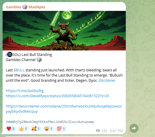 The image features a chat screen with a person typing messages onto their phone, likely sharing information about a video game or some other topic related to madapes channels. A screenshot of a social media post with a cartoon character and a green background can be seen in the image. The caption on the chat screen reads "Last Bull Standing", indicating that they're discussing a video game where the player's objective is to defend themselves from the evil Last Bull, who stands over them while their blood is flowing.