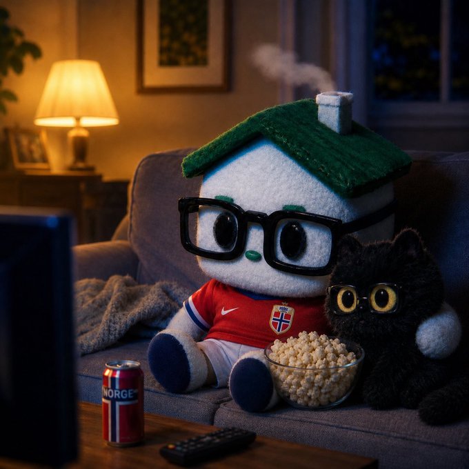 A plush character wearing glasses and a Norway soccer jersey sits on a couch with a black cat, a bowl of popcorn, and a 'NORGE' soda can in a cozy living room setting.