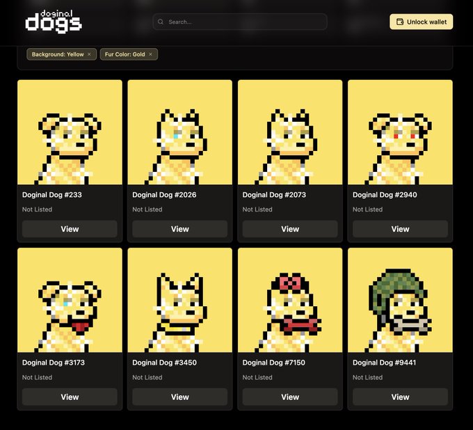 A dark-themed NFT marketplace interface displays a grid of eight pixel art dog avatars, each with variations like sunglasses, bows, or different fur colors, labeled 'doginal dogs' with ID numbers like '#233' and '#2026'.
