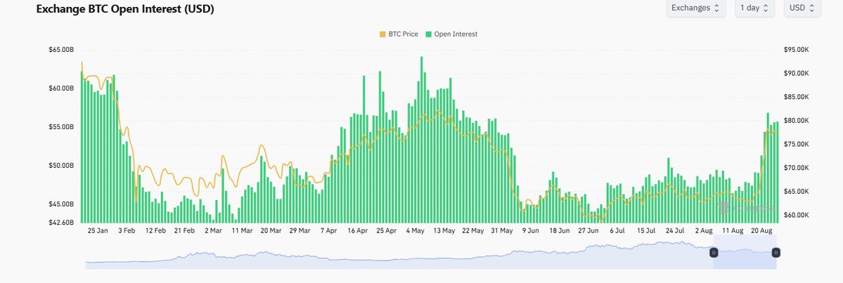 A chart titled 'Exchange BTC Open Interest (USD)' showing BTC Price and Open Interest from late January to late August, with Open Interest peaking around May 4 and the BTC price line ending near $80K.