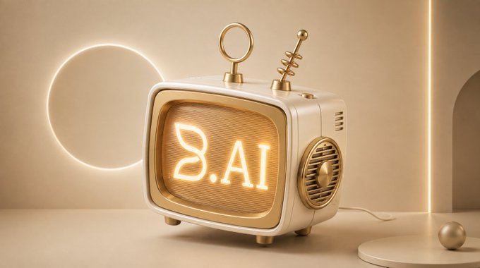 A 3D-rendered retro-style white and gold television set displaying '8.AI' in glowing neon text on its screen, set in a minimalist beige room with a glowing circle on the wall.
