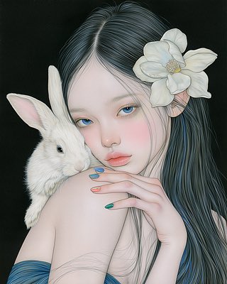A fantasy illustration of a pale woman with long dark hair, a white magnolia flower in her hair, and blue eyes, with a small white rabbit resting on her shoulder.