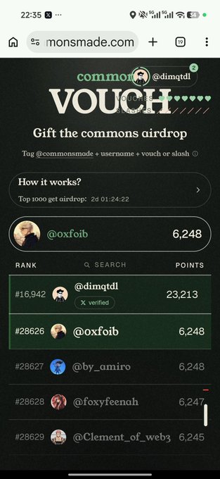 A mobile screenshot of the 'commons VOUCH' airdrop website (monsmade.com) showing a leaderboard where @dimqtdl is ranked #16,942 with 23,213 points, followed by @oxfoib and others.