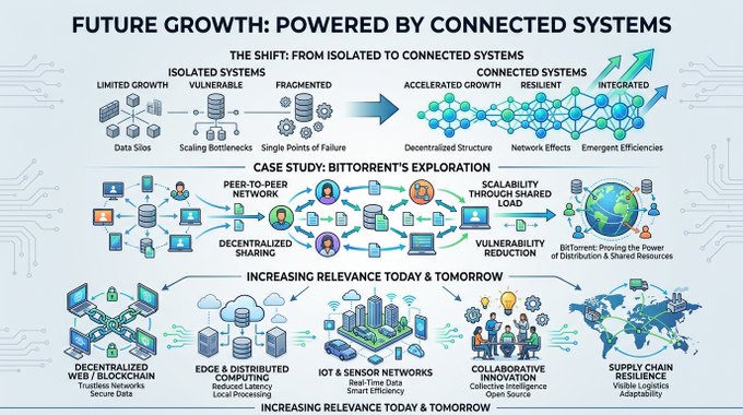 The image features a flow chart or diagram with icons representing various aspects of interconnected systems, such as BitTorrent and collaborative information sharing. The primary focus appears to be on connected systems and their relationship with future growth compared to isolated systems. One icon shows a person sharing something valuable between two people, which could represent the sharing and collaboration aspect in this context. The image is designed for social media or a post promoting interconnected systems as a key factor for future growth.