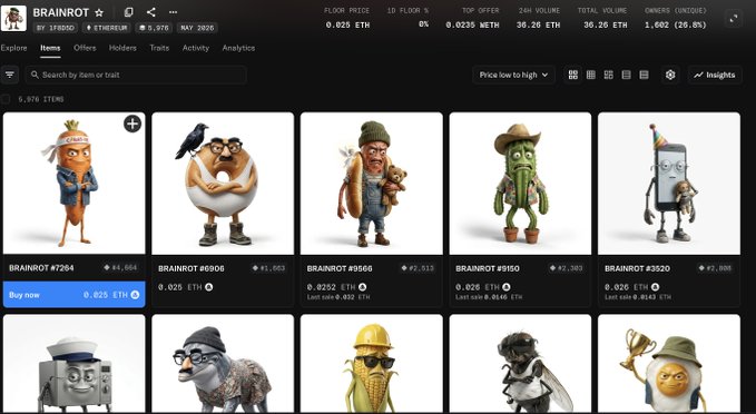 The image features a list of cartoon characters, including a variety of animals such as dogs, cats, and birds, along with other cartoon figures like humans wearing hats or costumes. The characters are displayed in various positions within the frame, showcasing their unique features and expressions. The post is titled "Brainrot 6" and includes a description that reads: "Congrats @nuclearsamurai for Brainrot cook Minted 7x myself also my community but I am still waiting for NFTs and Refund pump it higher". This suggests that the creator of this image might be interested in selling these cartoon characters, possibly as digital art or merchandise.