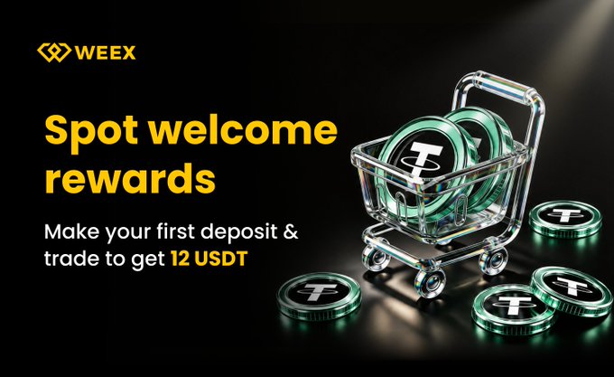 A WEEX advertisement reads “Spot welcome rewards” and “Make your first deposit & trade to get 12 USDT,” beside a shopping cart filled with USDT-style coins.