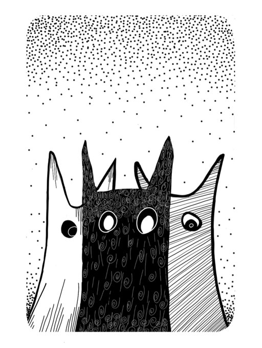 A black and white illustration depicts three stylized cat-like figures with pointed ears looking upward against a background of stippled dots.