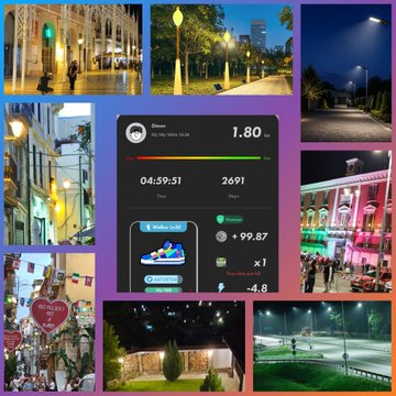 A collage of various urban street scenes at night with a STEPN run tracking overlay in the center showing 1.80 GST earned, 04:59:51 time, 2691 steps, and a sneaker NFT in 'Walker Lv60' category.