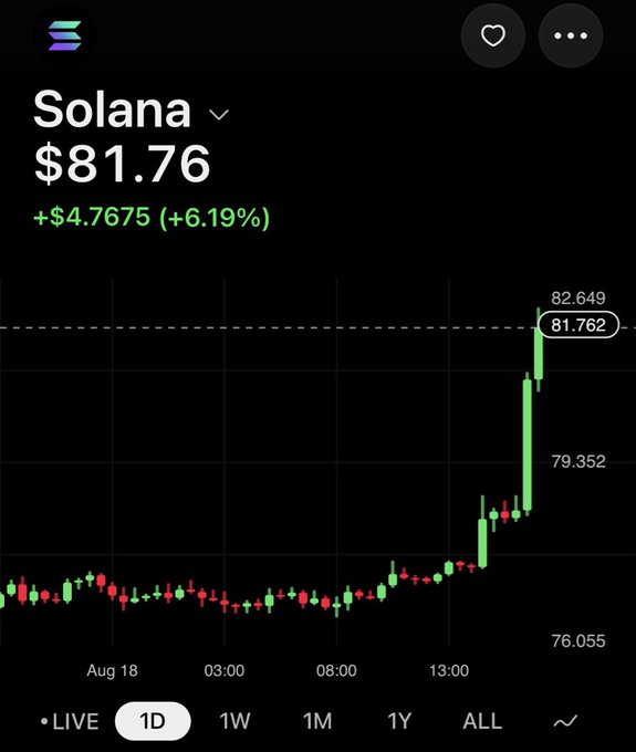 Solana ($SOL) price chart showing a strong daily gain of 6.19%, climbing from around $76 to $81.76 in a sharp upward spike during the late afternoon — a positive trading day worth celebrating for SOL holders.