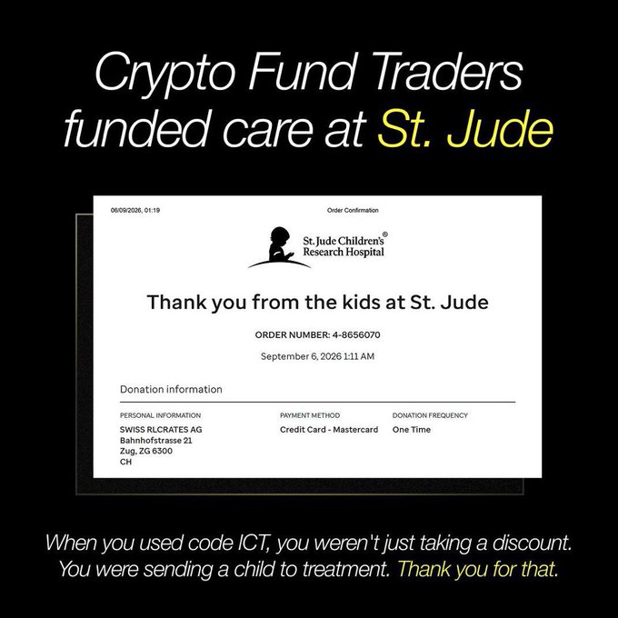 A confirmation from St. Jude Children's Research Hospital showing a one-time donation (Order Number: 4-8656070, dated September 6, 2026) made by SWISS RLCRATES AG via Mastercard, tied to Crypto Fund Traders' campaign where proceeds from the "ICT" discount code were donated to fund pediatric cancer care.
