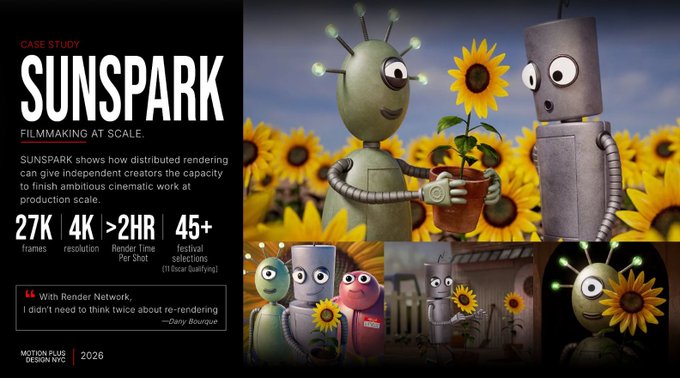 A Motion Plus Design NYC case study titled 'SUNSPARK' about filmmaking at scale, featuring animated robot characters in a sunflower field, with stats: 27K frames, 4K resolution, >2HR render time per shot, and 45+ festival selections including Oscar qualifying ones.