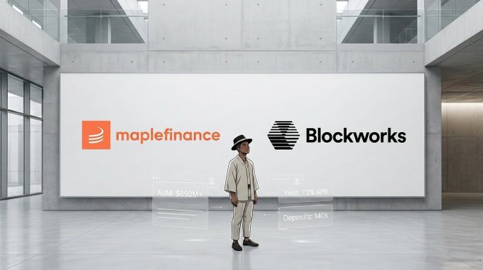 The image features an advertisement for Maple Finance and Blockworks. The main subject of the image is a man wearing a hat standing next to a large white billboard with the logos of both companies displayed prominently. The man appears to be posing for the picture, showcasing the partnership between these two financial institutions.