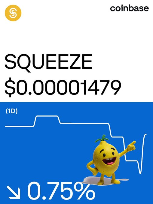 A Coinbase listing card shows $SQUEEZE priced at $0.00001479, down 0.75% over 1D, featuring a cartoon lemon mascot pointing at the price chart. The image reinforces the post's announcement that $SQUEEZE is now tradeable on Coinbase App and Wallet, highlighting its microcap status and extreme low price point that makes USDC swaps especially relevant for traders.