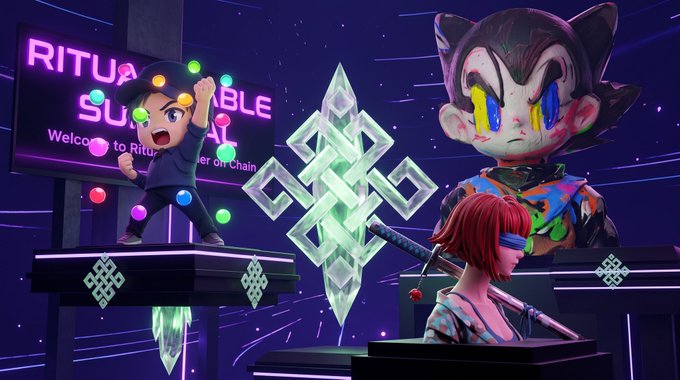 Promotional 3D art for the "Ritual Shamble" event on chain, featuring stylized characters and glowing Celtic knot symbols against a neon purple background.