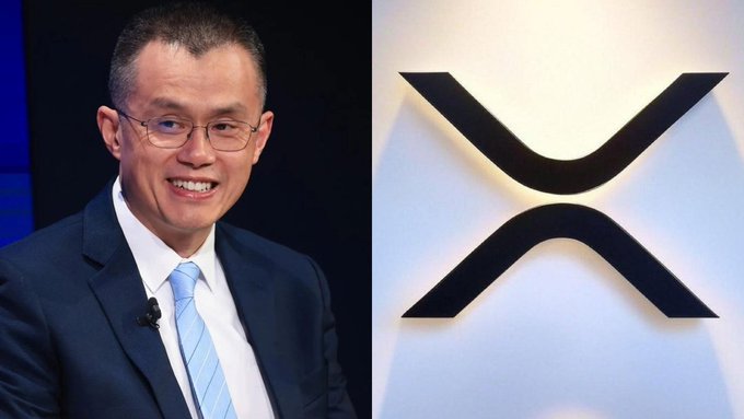 A man in a dark suit and light blue tie smiles alongside the distinctive black "X" logo of the XRP cryptocurrency, visually tying the dramatic surge of $73 million in XRP derivatives buying on Binance to the token's branding and key figures.
