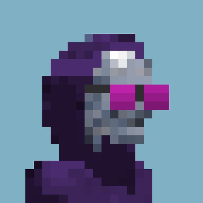 A low-resolution pixel art portrait of a hooded figure wearing a purple hood and a gray mask with glowing pink/magenta visor lenses against a light blue background.