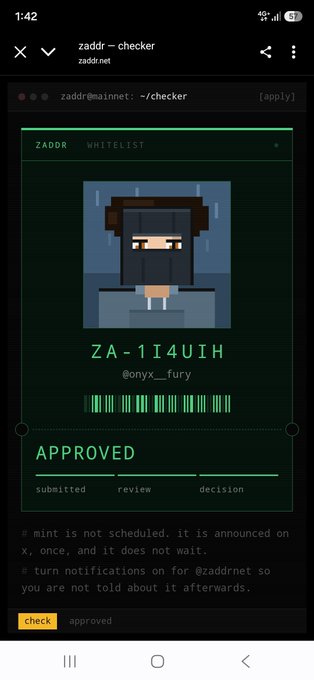 The image shows a Zaddr checker approval result displaying an 8-bit pixel character with the Z-address "ZA-1IA4UIH" associated with the handle "@onyx_fury", marked as "APPROVED" in green text with a barcode below. This relates to the post celebrating approval on the @zaddrnet platform, confirming the user's nomination-free acceptance into the whitelist.