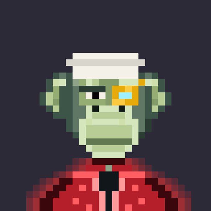 A pixel art portrait of a green-skinned character wearing a white sailor hat, an orange cybernetic eye piece, and a red jacket.